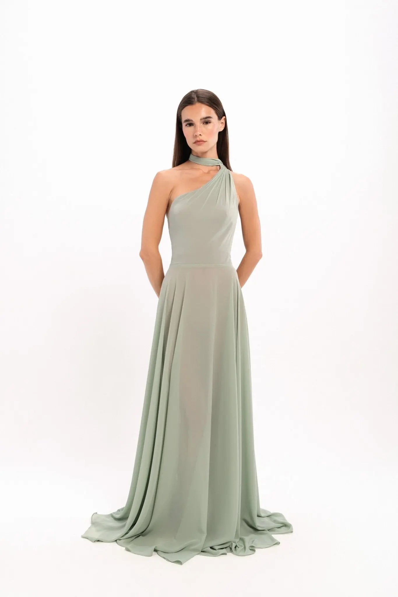 one shoulder georgette dress One-Shoulder Georgette Dress with Python Textured Tulle Bodice and Daring Slit by georges hobeika Elilhaam