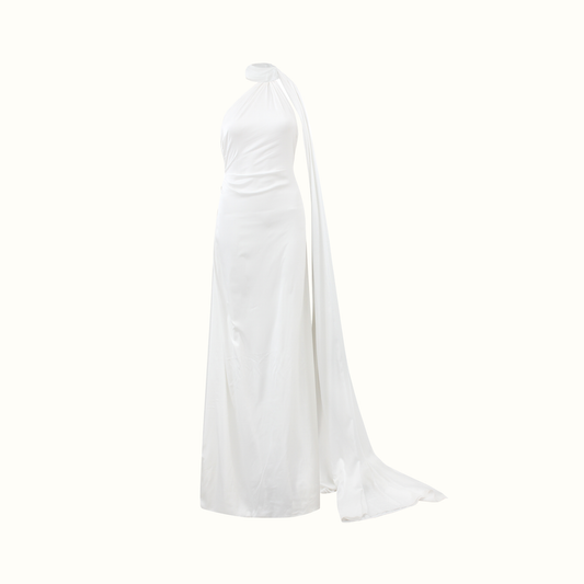 Side-Pleated backless luxury silk dress with long scarf