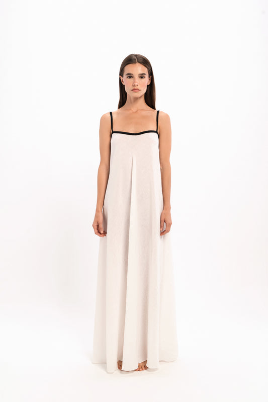 White linen maxi dress with black lining