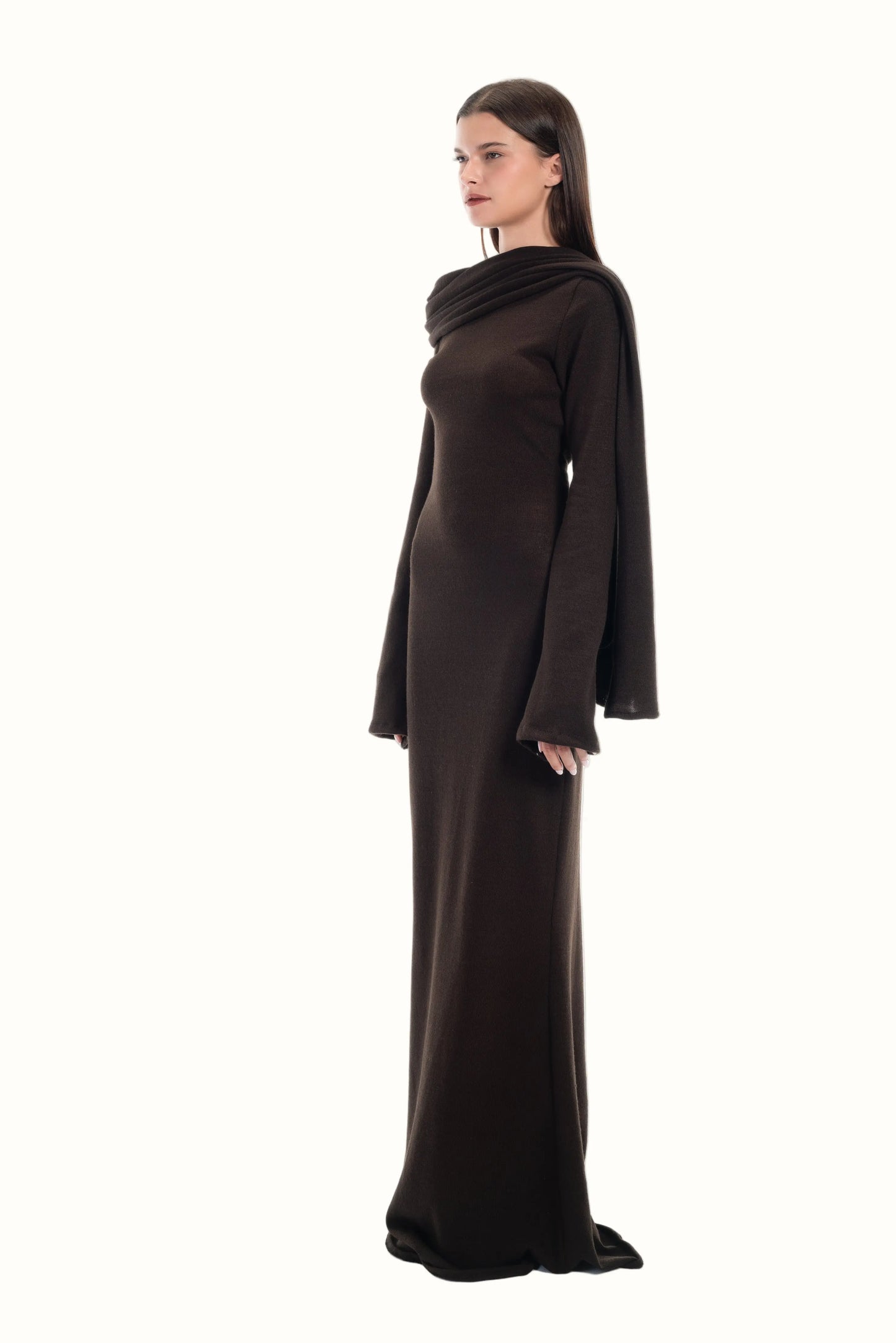 Brown Wool Knit Dress with Scarf | LUCE