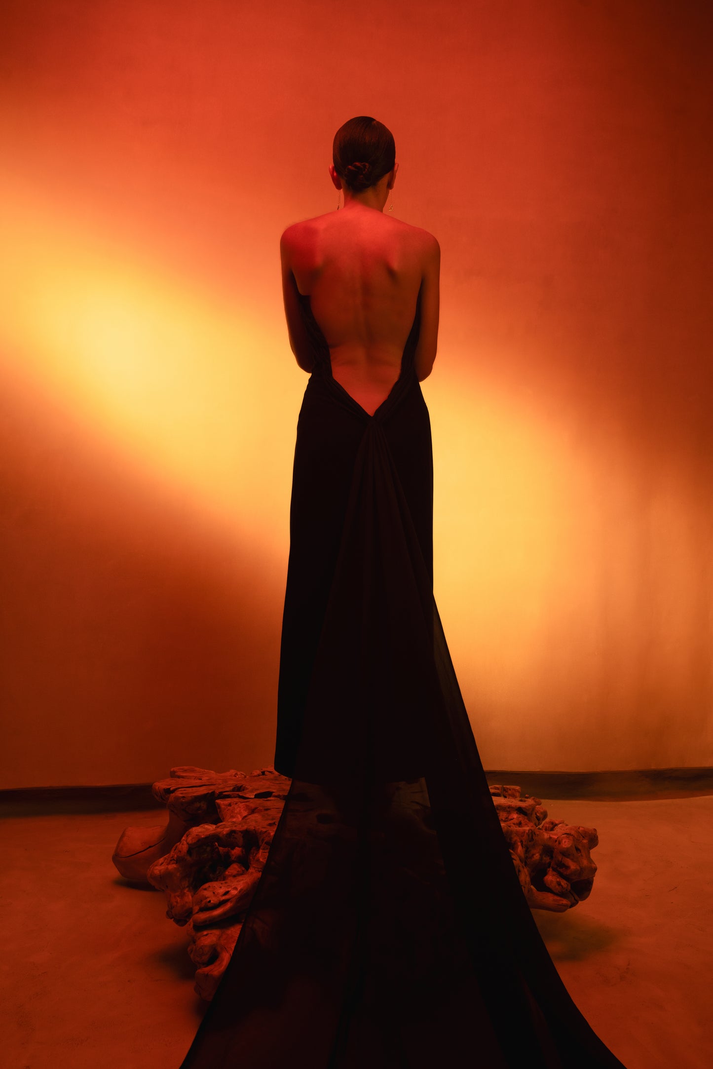 Strapless Open Back Gown with Long Chiffon Train