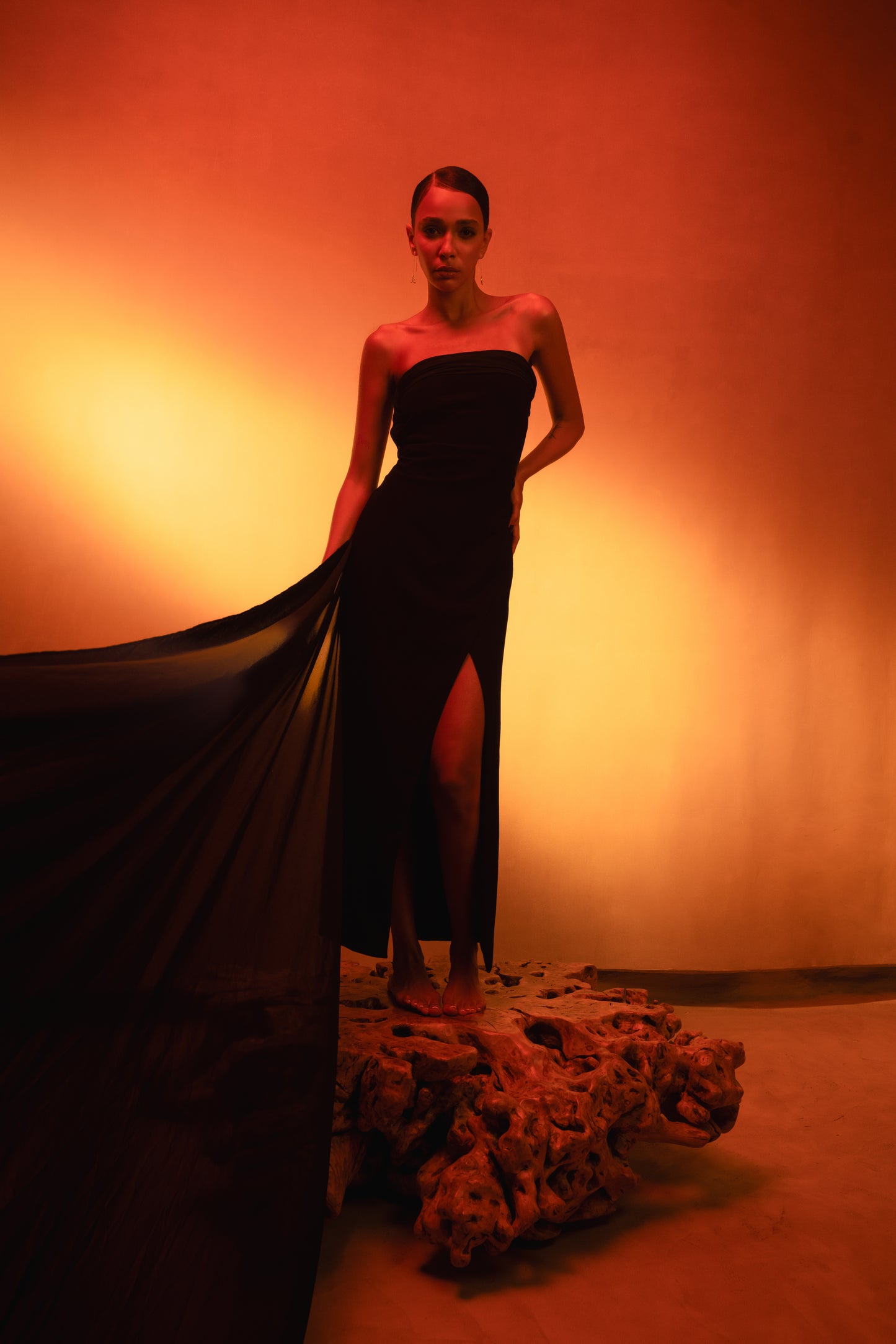 Strapless Open Back Gown with Long Chiffon Train