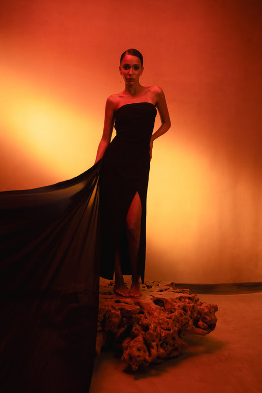 Strapless Open Back Gown with Long Chiffon Train