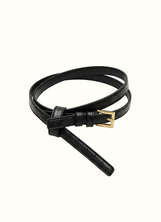 Black leather belt with a gold buckle on a white background