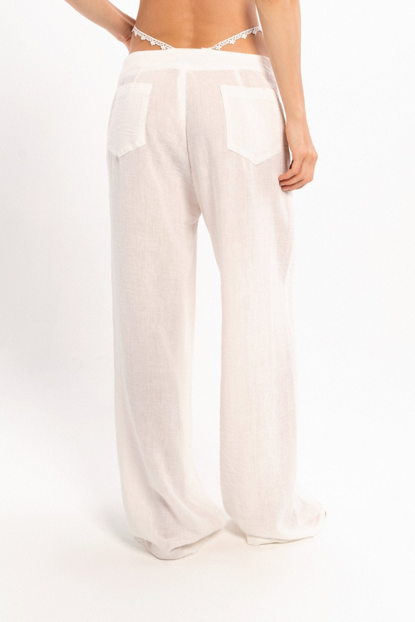 Lace trim G-String Linen wide-leg pants - LUCE