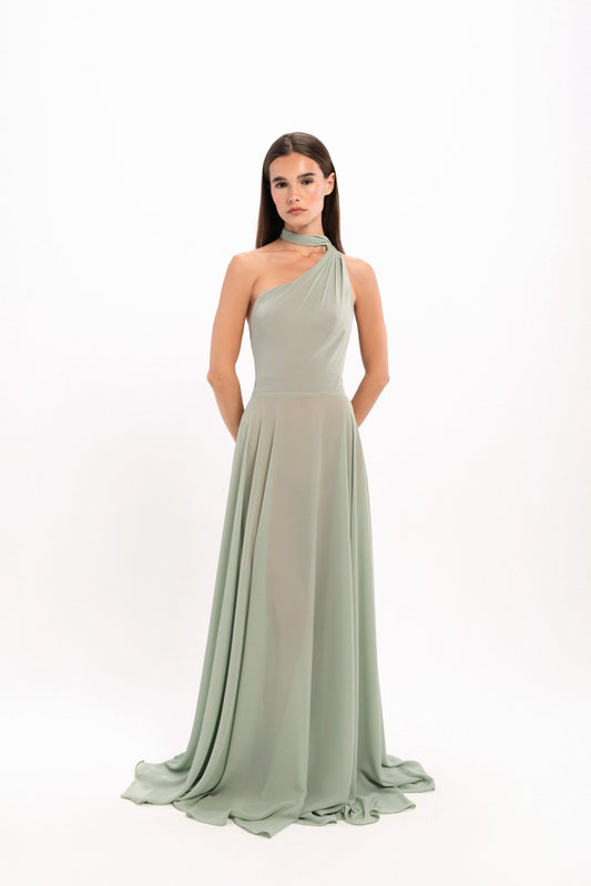 Scarf-Detailed One-Shoulder Georgette Gown - LUCE