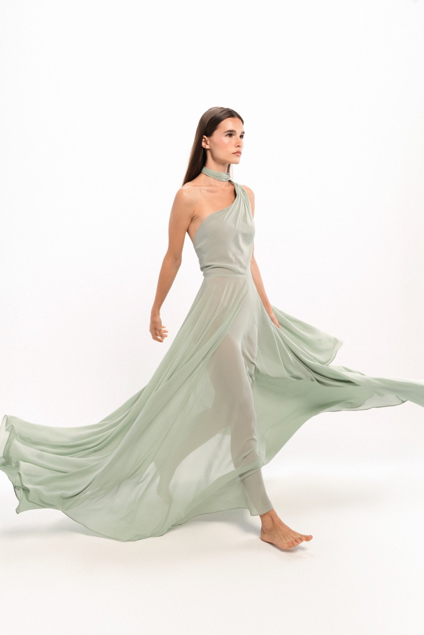 Scarf-Detailed One-Shoulder Georgette Gown - LUCE